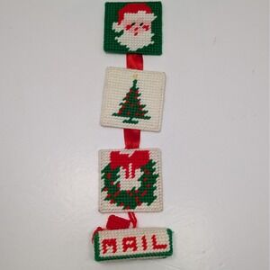Vintage Handmade Plastic Canvas Banner Christmas Wall Decor Santa Tree Wreath